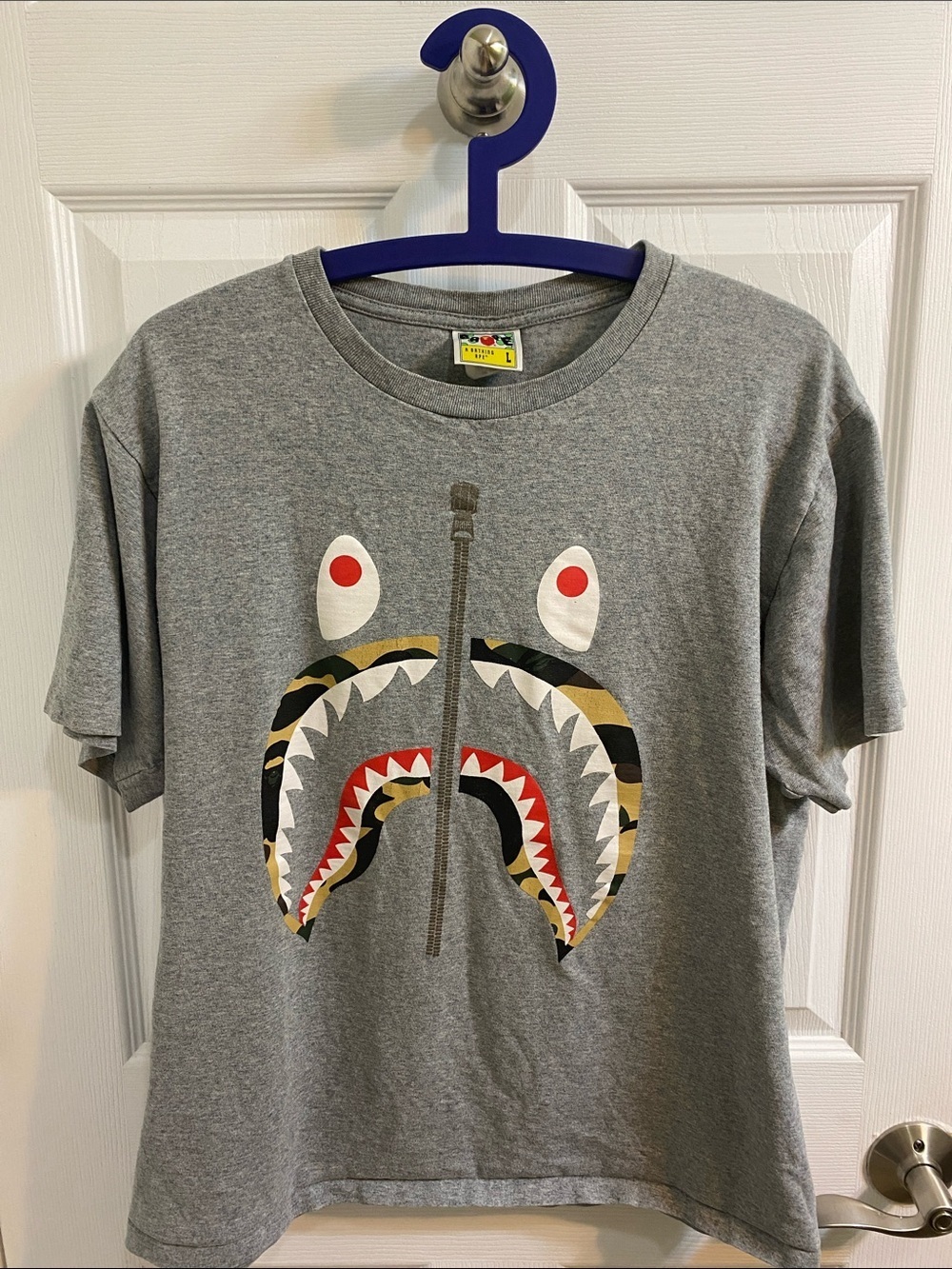 A Bathing Ape Shirt Men Size Large Gray Bape 1st Camo Shark Tee Graphic Zip Teen